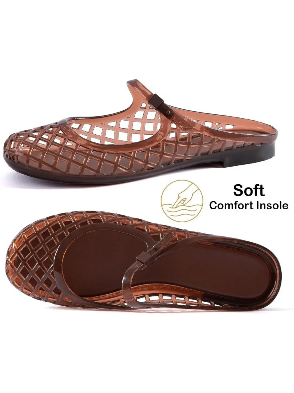 Women Chocolate Mary Jane Jelly Mule Flat Sandals Waterproof Beach Pool Comfort